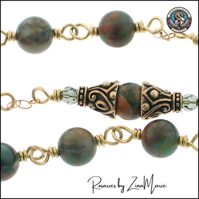 Handmade Bronze St. Cecilia Pocket Rosary with 8mm Green Opal Beads with Bronze Bead Caps by Zina Marie, Heavenly Divine Rosaries