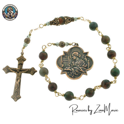 Handmade Bronze St. Cecilia Green Opal Bead Wire-Wrapped Pocket Rosary by Zina Marie, Heavenly Divine Rosaries