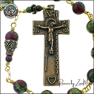 Handmade 8mm Jasper Rosary with Crucifix Bronze Wire-Wrapping, Heavenly Divine Rosaries