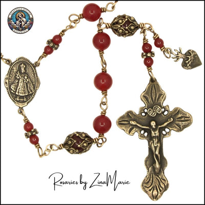 Handmade 6mm Red Jade Rosary with Infant of Prague Center, Crucifix and dangle medal, bronze / sterling silver, Heavenly Divine Rosaries