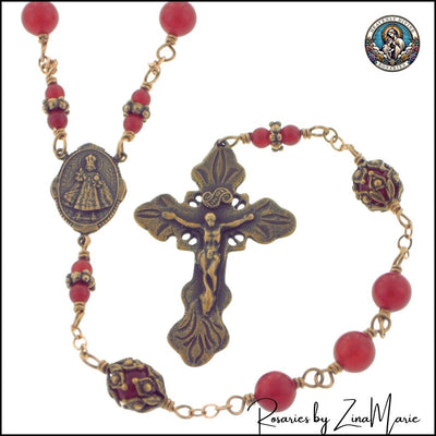 Handmade 6mm Red Jade Rosary with Infant of Prague Center and Crucifix, bronze / sterling silver, Heavenly Divine Rosaries
