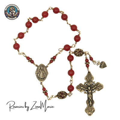 Infant of Prague Red Jade Pocket Rosary with Sacred Heart, bronze / sterling silver, Heavenly Divine Rosaries