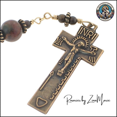 Irish Penal Green Opal Jasper Bronze Pocket Rosary, Bronze Crucifix, Heavenly Divine Rosaries