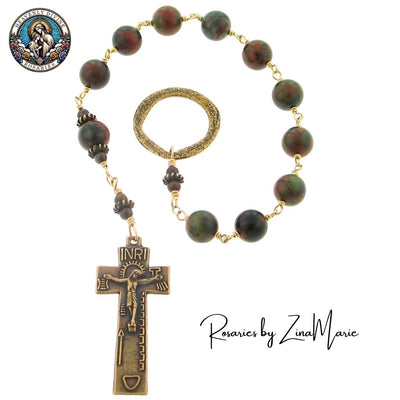 Irish Penal Green Opal Jasper Bronze Pocket Rosary, Heavenly Divine Rosaries