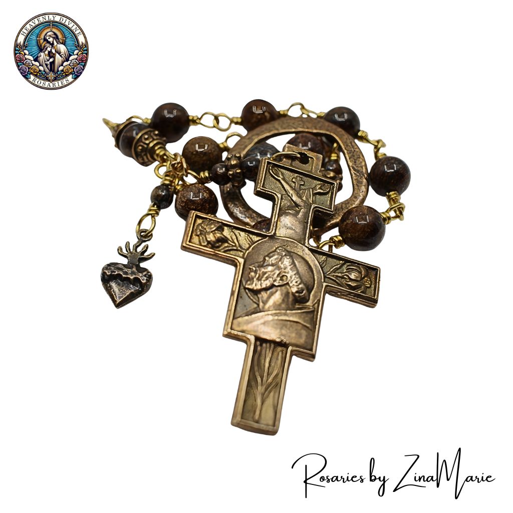 Bronze St. Francis of Assisi with Benediction Prayer 8mm Bronzite Wire-Wrapped Pocket Rosary by Zina Marie. Prayer Card & Case. Free shipping!
