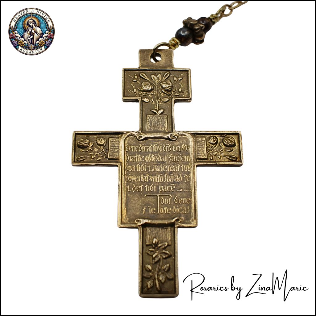 Back of Bronze St. Francis of Assisi with Benediction Prayer 8mm Bronzite Wire-Wrapped Pocket Rosary by Zina Marie.