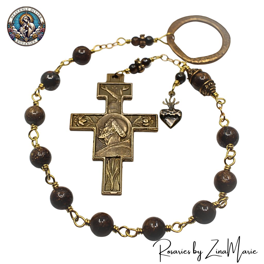 Bronze St. Francis of Assisi with Benediction Prayer 8mm Bronzite Wire-Wrapped Pocket Rosary by Zina Marie. Prayer Card & Rosary Case.
