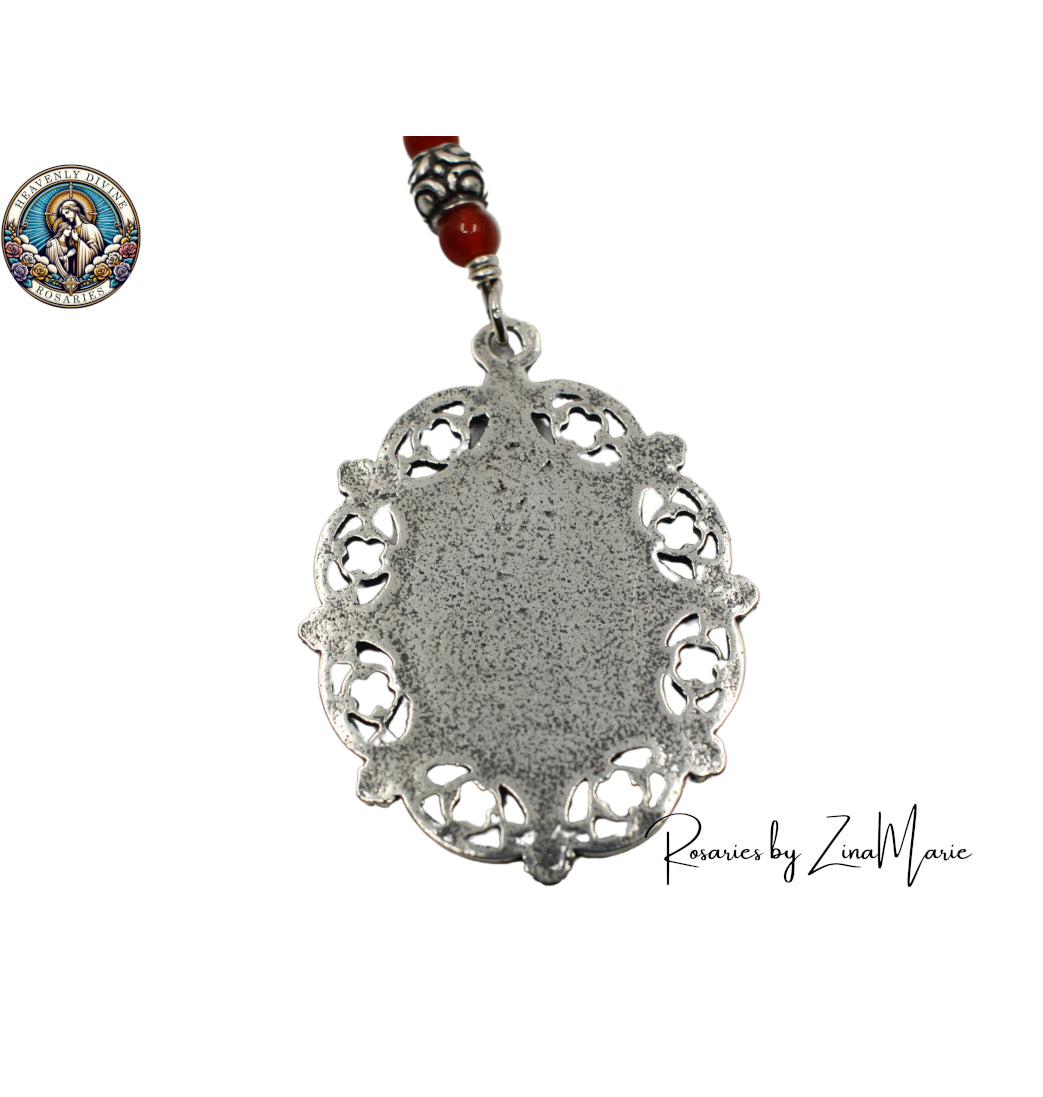 Handmade Sterling Wire-Wrapped Agate & Carnelian St. Anne Chaplet by Zina Marie,Back of St Anne Medal,