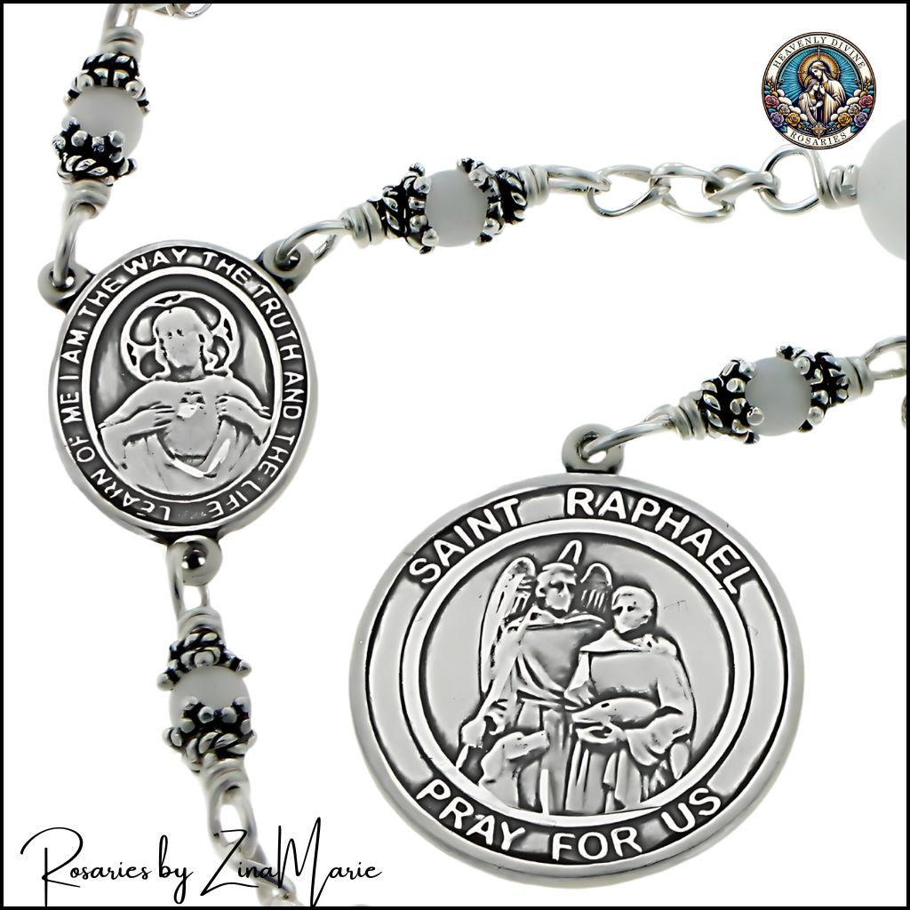 St. Raphael Snow Quartz 12 Bead Sterling Silver Chaplet with Our Lady of Mount Carmel on Back. Medal Measures 1 x 7/8 and Centerpiece 3/4 x 1/2