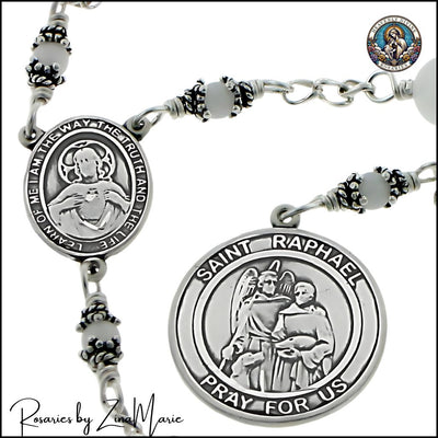 St. Raphael Snow Quartz 12 Bead Sterling Silver Chaplet with Our Lady of Mount Carmel on Back. Medal Measures 1 x 7/8 and Centerpiece 3/4 x 1/2, Heavenly Divine Rosaries