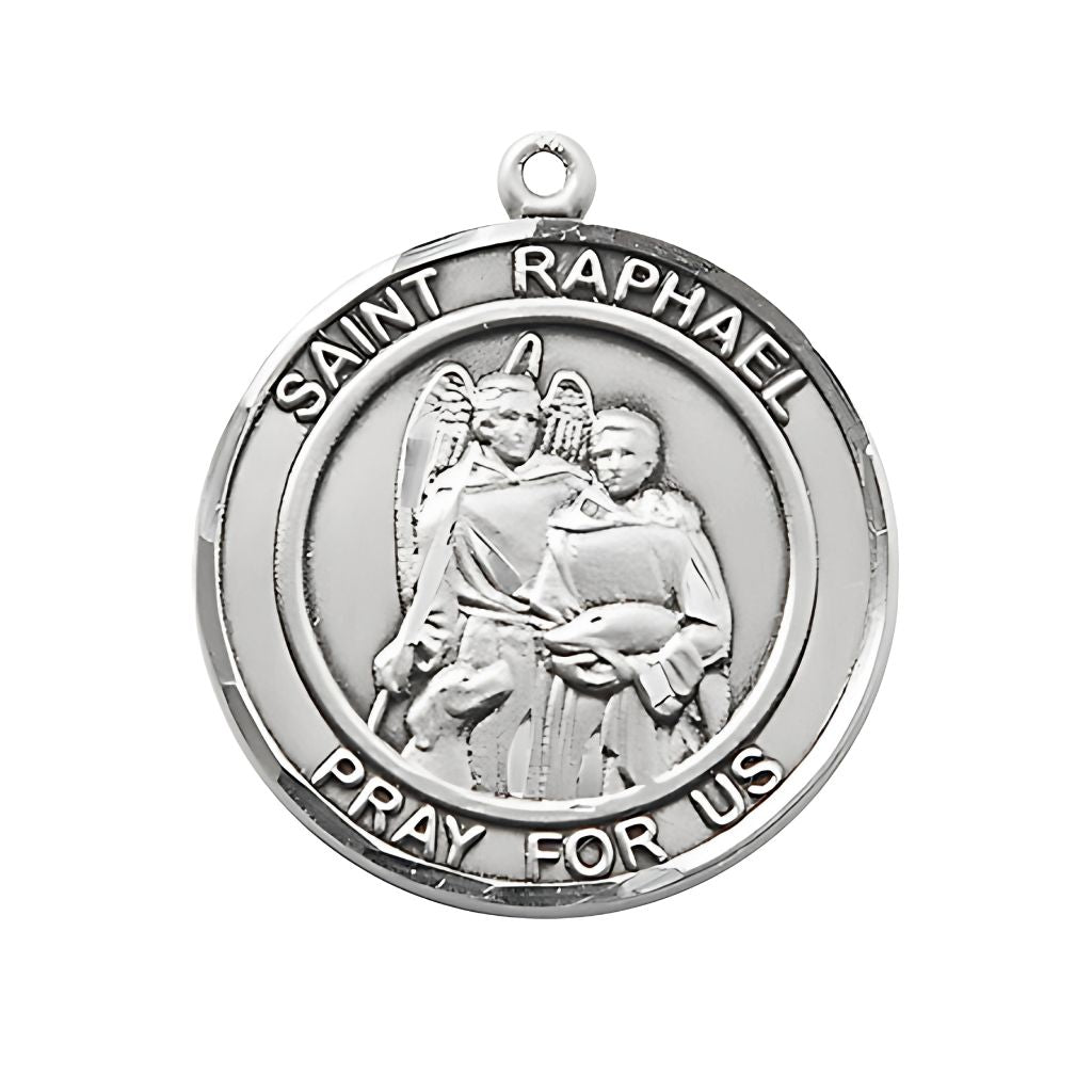 St. Raphael Sterling Silver Medal, measuring Measures 1-inch tall by 7/8-inch wide