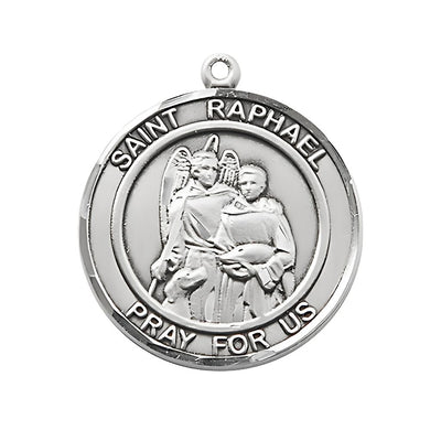 St. Raphael Sterling Silver Medal, measuring Measures 1-inch tall by 7/8-inch wide, available in Snow Quartz, Black Onyx, Blue Tiger Eye, Heavenly Divine Rosaries