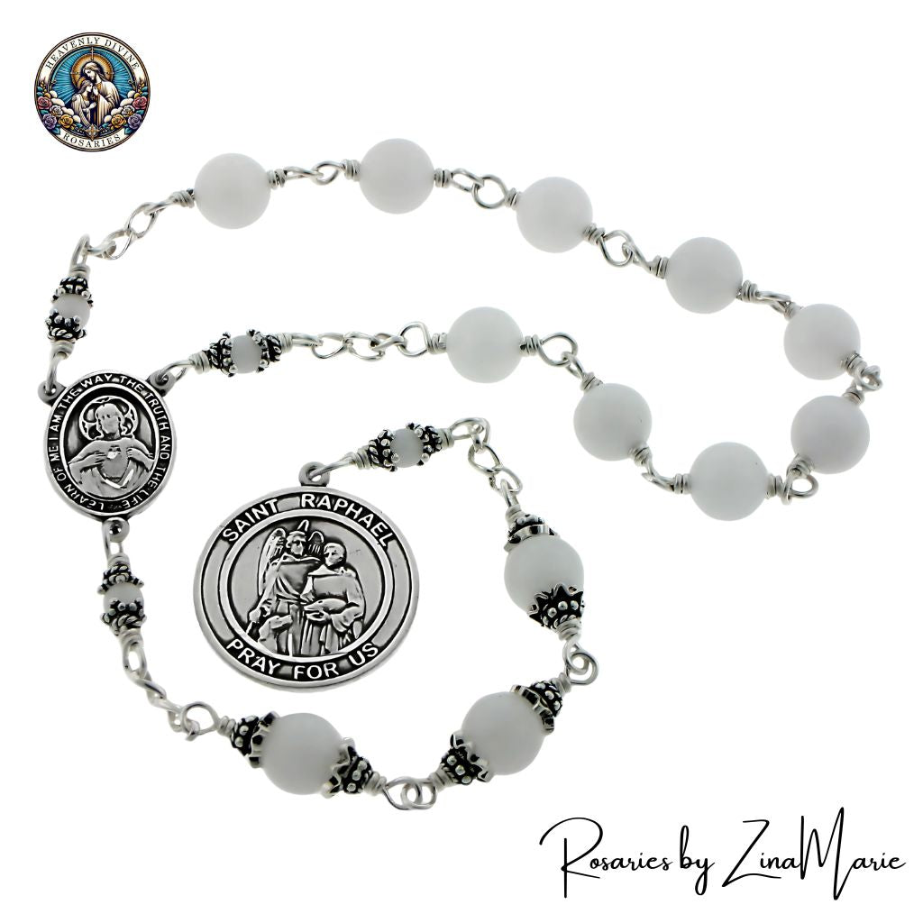St. Raphael Snow Quartz 12 Bead Sterling Silver Chaplet with Our Lady of Mount Carmel on Back