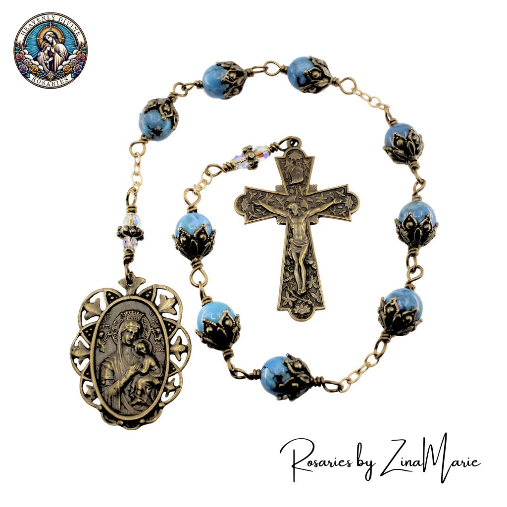 Handmade Our Lady of Perpetual Help Wire-Wrapped 9 Bead Chaplet with 8mm African Turquoise & Austrian crystal beads. Made in USA by Zina Marie