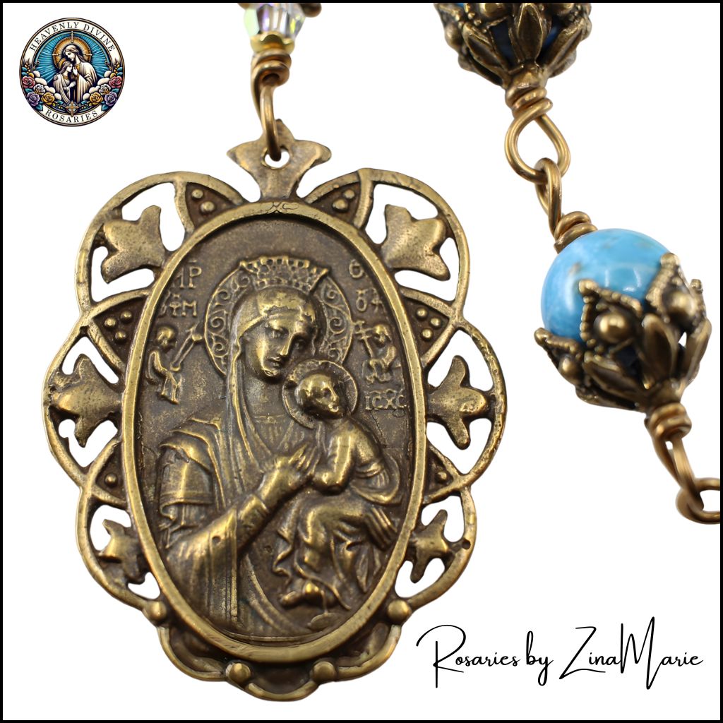 Handmade Our Lady of Perpetual Help Medal Wire-Wrapped 9 Bead Chaplet with 8mm African Turquoise & Austrian crystal beads.