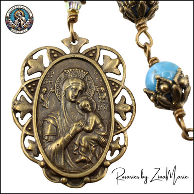 Handmade Our Lady of Perpetual Help Medal Wire-Wrapped 9 Bead Chaplet with 8mm African Turquoise & Austrian crystal beads, Heavenly Divine Rosaries
