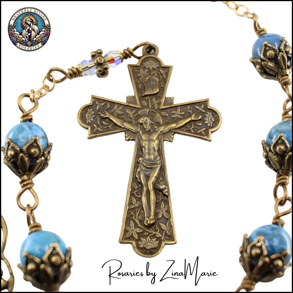 Crucifix on the Handmade Our Lady of Perpetual Help Medal Wire-Wrapped 9 Bead Chaplet with 8mm African Turquoise & Austrian crystal beads.