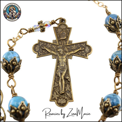 Crucifix on the Handmade Our Lady of Perpetual Help Medal Wire-Wrapped 9 Bead Chaplet with 8mm African Turquoise & Austrian crystal beads, Heavenly Divine Rosaries