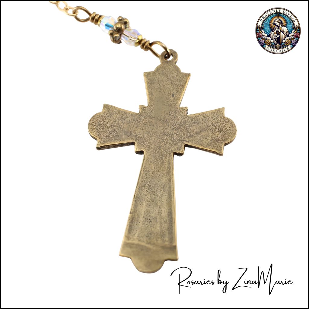 Back of Crucifix on the Handmade Our Lady of Perpetual Help Medal Wire-Wrapped 9 Bead Chaplet with 8mm African Turquoise & Austrian crystal beads.