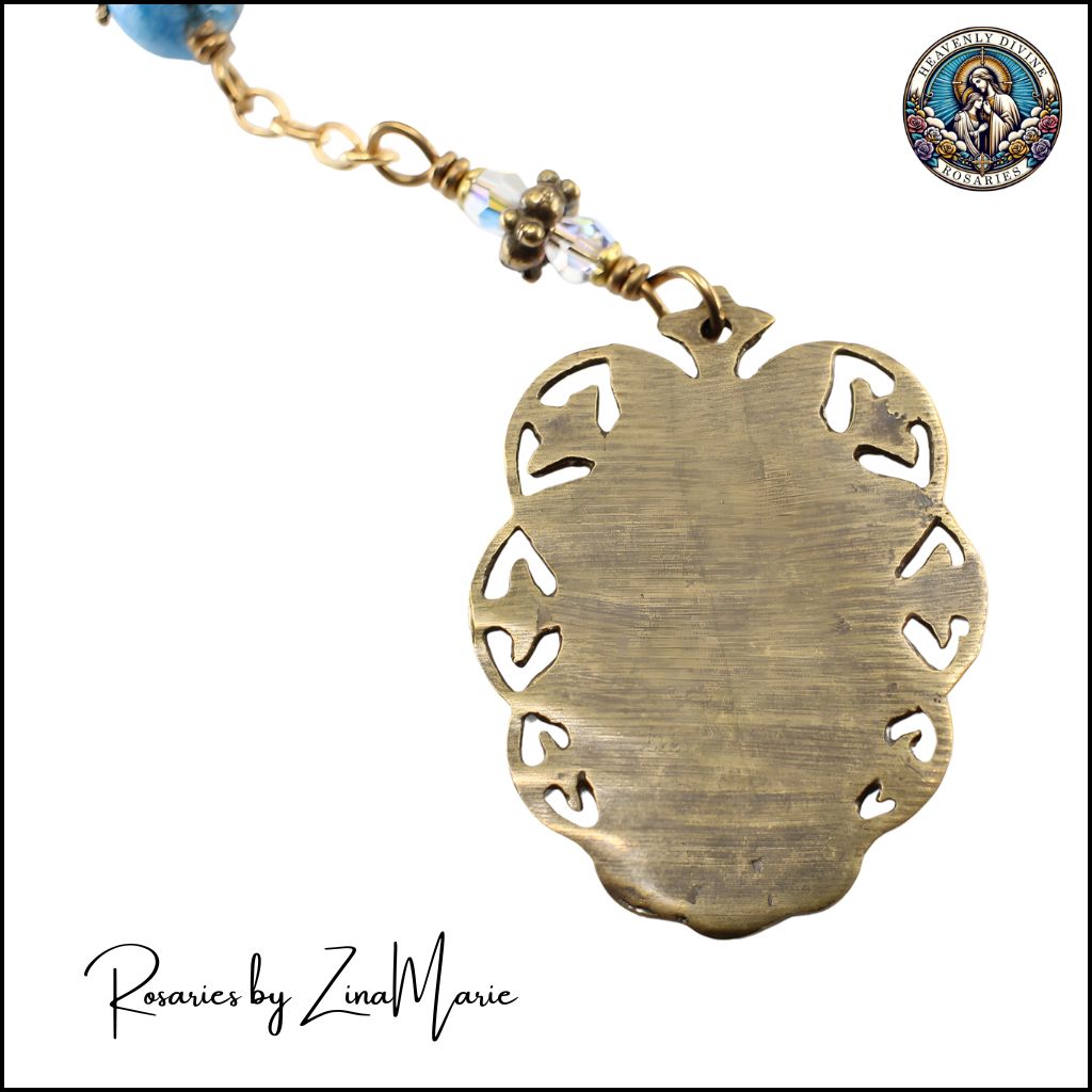 Back of the Our Lady of Perpetual Help Medal Wire-Wrapped 9 Bead Chaplet with 8mm African Turquoise & Austrian crystal beads.