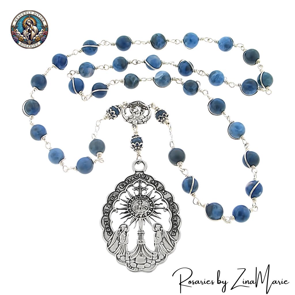 Handmade Blessed Sacrament Sterling Silver Chaplet with 8mm Sodalite Beads and 6mm Rondell Indigo Crystal by Zina Marie