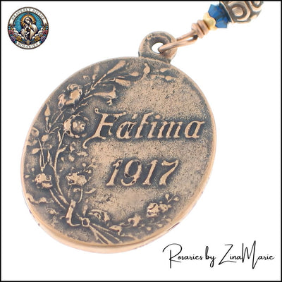 Handmade Our Lady of Fatima 9 Bead Prayer Chaplet by Zina Marie, back of replica medal 1 1/4" medal, Heavenly Divine Rosaries