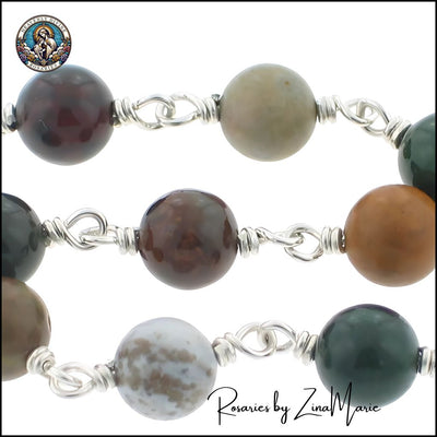 Handmade Wire-wrapped Sterling Silver St. Christopher 8mm Ocean Jasper 9 Bead Prayer Chaplet, Heavenly Divine Rosaries