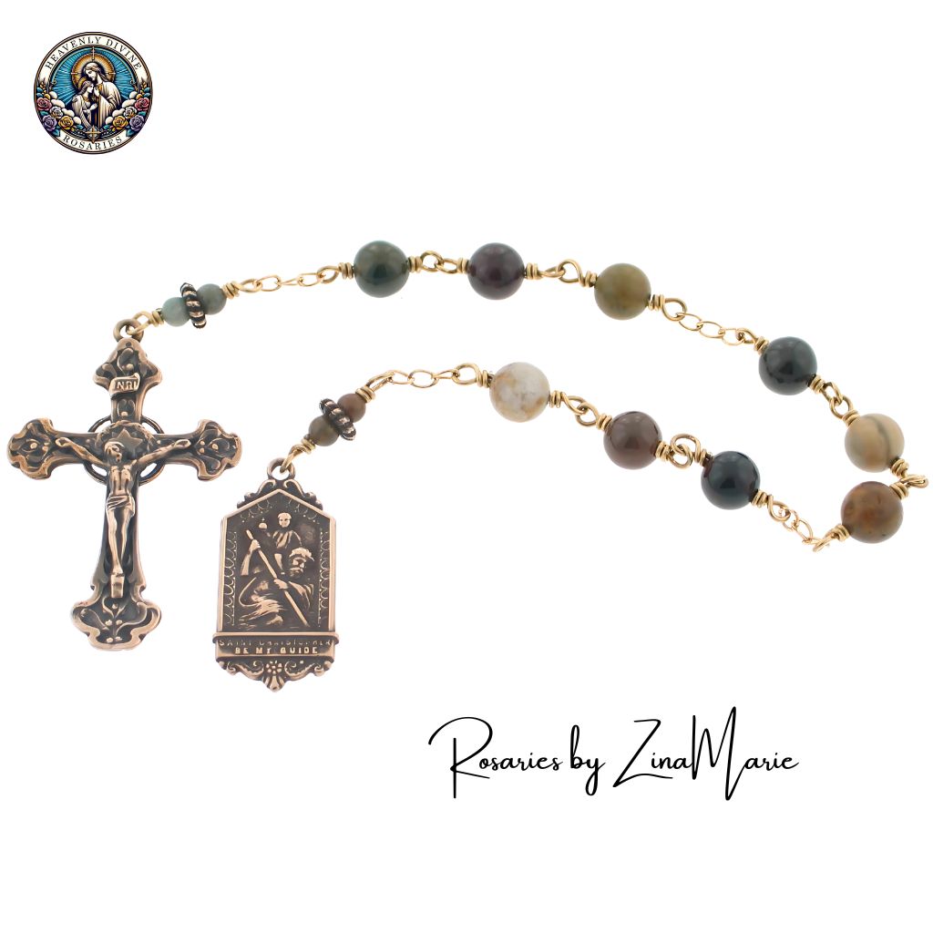 Handmade Wire-wrapped St. Christopher 9 Bead Prayer Chaplet by Zina Marie, 4mm and 8mm Ocean Jasper beads, Medal 1 1/2-inch and Crucifix 2-inch