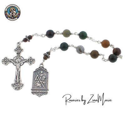 Handmade Wire-wrapped Sterling Silver St. Christopher 8mm Ocean Jasper 9 Bead Prayer Chaplet, St. Christopher Medal: Sterling Silver 1 1/2" and Sterling Silver 2" Crucifix, Heavenly Divine Rosaries