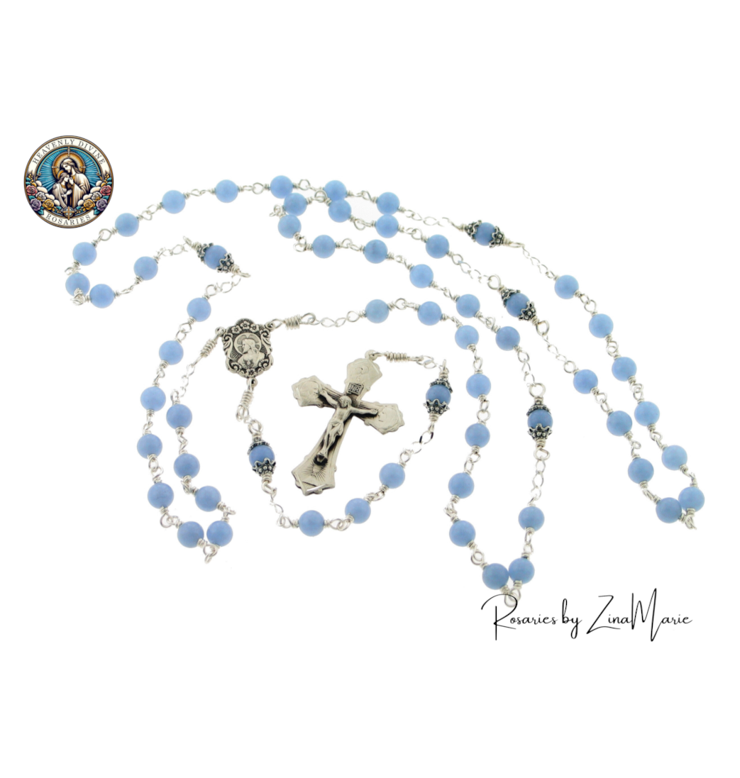 Handmade Angelite Holy Family Sterling Wire-Wrapped Rosary by Zina Marie,