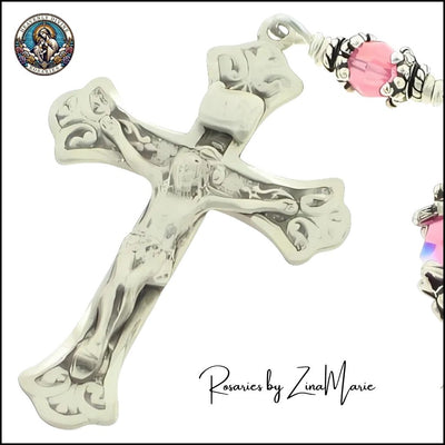 Child's Birthstone Rose Crystal Beads Sterling Silver Wire-Wrapped Rosary by Zina Marie, Sterling Silver Crucifix, Heavenly Divine Rosaries