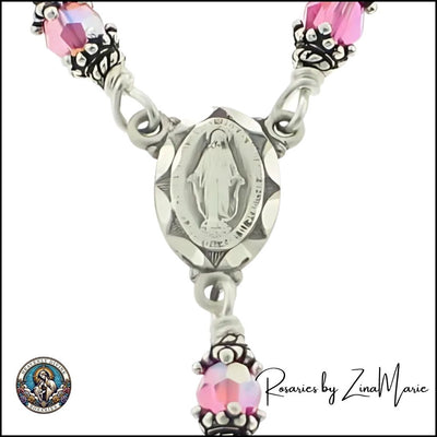 Child's Birthstone Rose Crystal Beads Sterling Silver Wire-Wrapped Rosary by Zina Marie, Sterling Silver Centerpiece, Heavenly Divine Rosaries