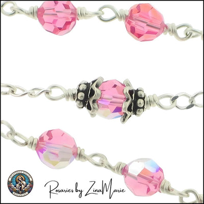 Child's Birthstone Sterling Silver Wire-Wrapped Rosary by Zina Marie, Rose Crystal Beads, Heavenly Divine Rosaries