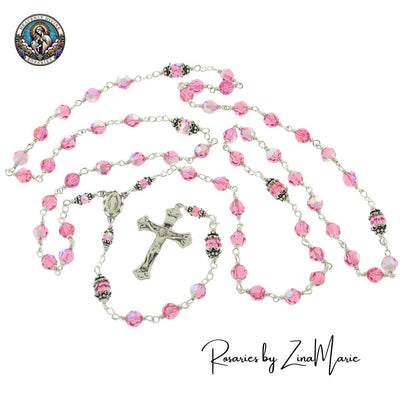Child's Birthstone Rose Crystal Beads Sterling Silver Wire-Wrapped Rosary by Zina Marie, Heavenly Divine Rosaries