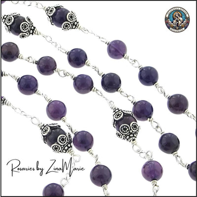 Our Lady of Fatima Amethyst Bead Sterling Rosary by Zina Marie, Heavenly Divine Rosaries