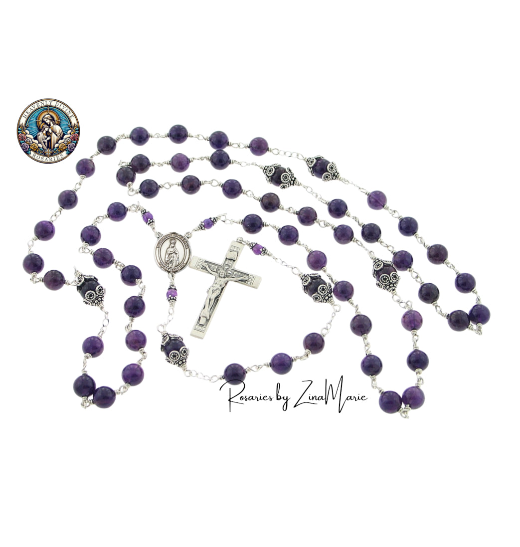 Our Lady of Fatima Amethyst Sterling Silver Wire-Wrapped Rosary by Zina Marie,