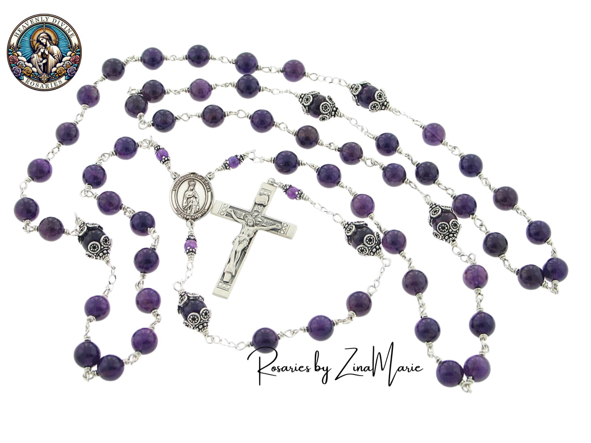 Our Lady of Fatima Amethyst Sterling Silver Wire-Wrapped Rosary by Zina Marie,