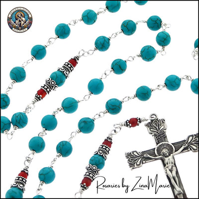 6mm Turquoise Bead Rosary with Sterling Silver Crucifix, Heavenly Divine Rosaries
