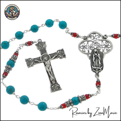 8mm Turquoise Bead Rosary with Sterling Silver Guadalupe Center, Heavenly Divine Rosaries