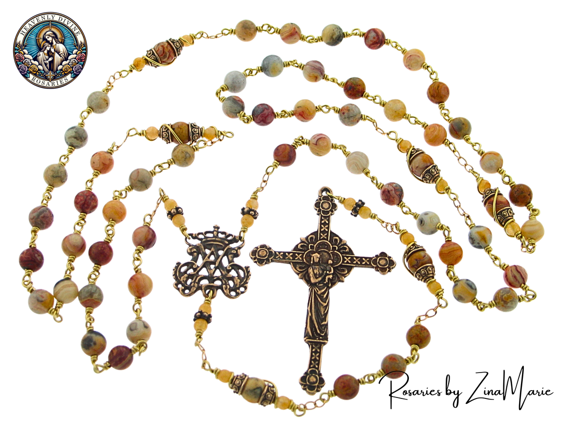 Heavenly Divine Rosaries Renaissance Crazy Lace Agate Wire Wrapped Bronze Rosary by Zina Marie,Back of Rosary,