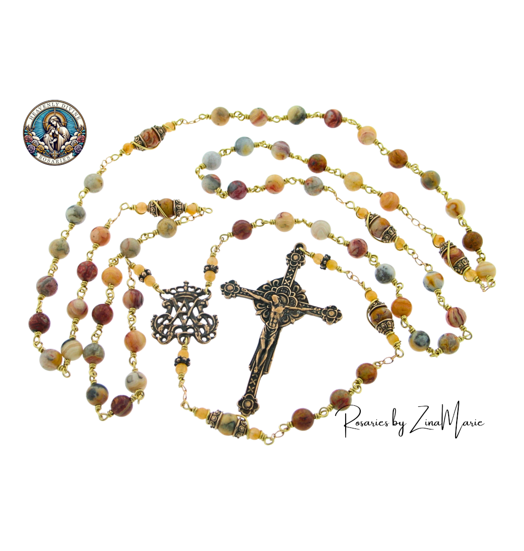 Heavenly Divine Rosaries Renaissance Crazy Lace Agate Wire Wrapped Bronze Rosary by Zina Marie,Front of Rosary,