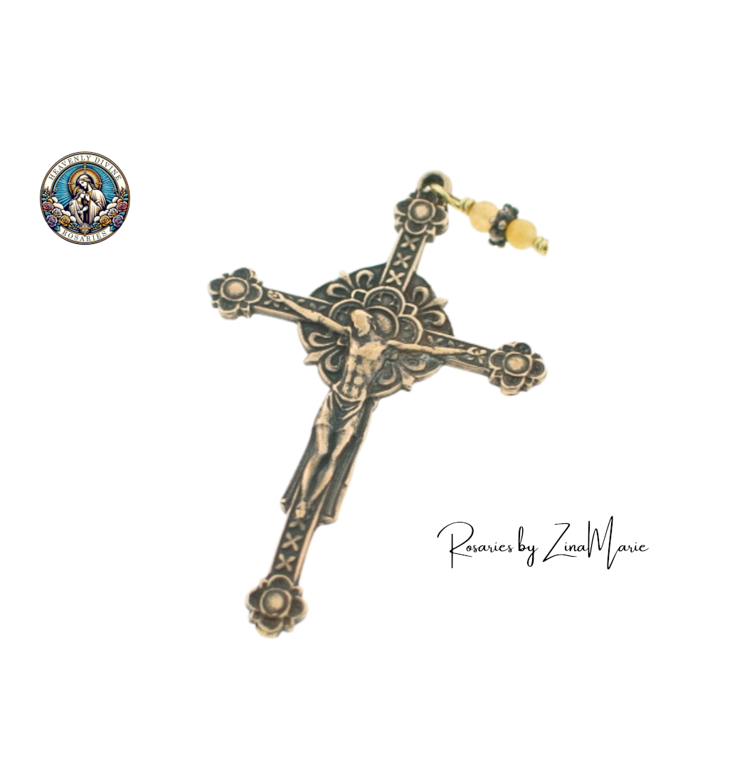 Heavenly Divine Rosaries Renaissance Crazy Lace Agate Wire Wrapped Bronze Rosary by Zina Marie,Jesus on the cross,