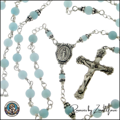 Aquamarine Sterling Wire-Wrapped Rosary with Floral Center and Crucifix, Heavenly Divine Rosaries