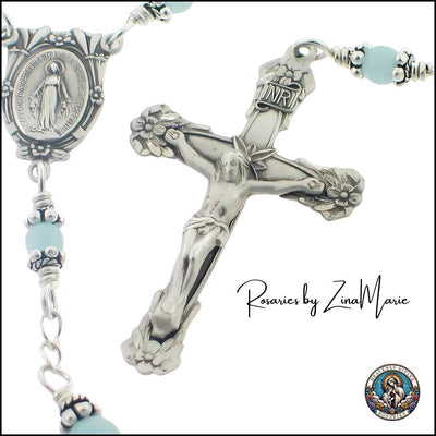Aquamarine Sterling Wire-Wrapped Rosary with Floral Crucifix, Heavenly Divine Rosaries