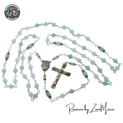 Aquamarine Sterling Wire-Wrapped Rosary with Floral Center, Heavenly Divine Rosaries