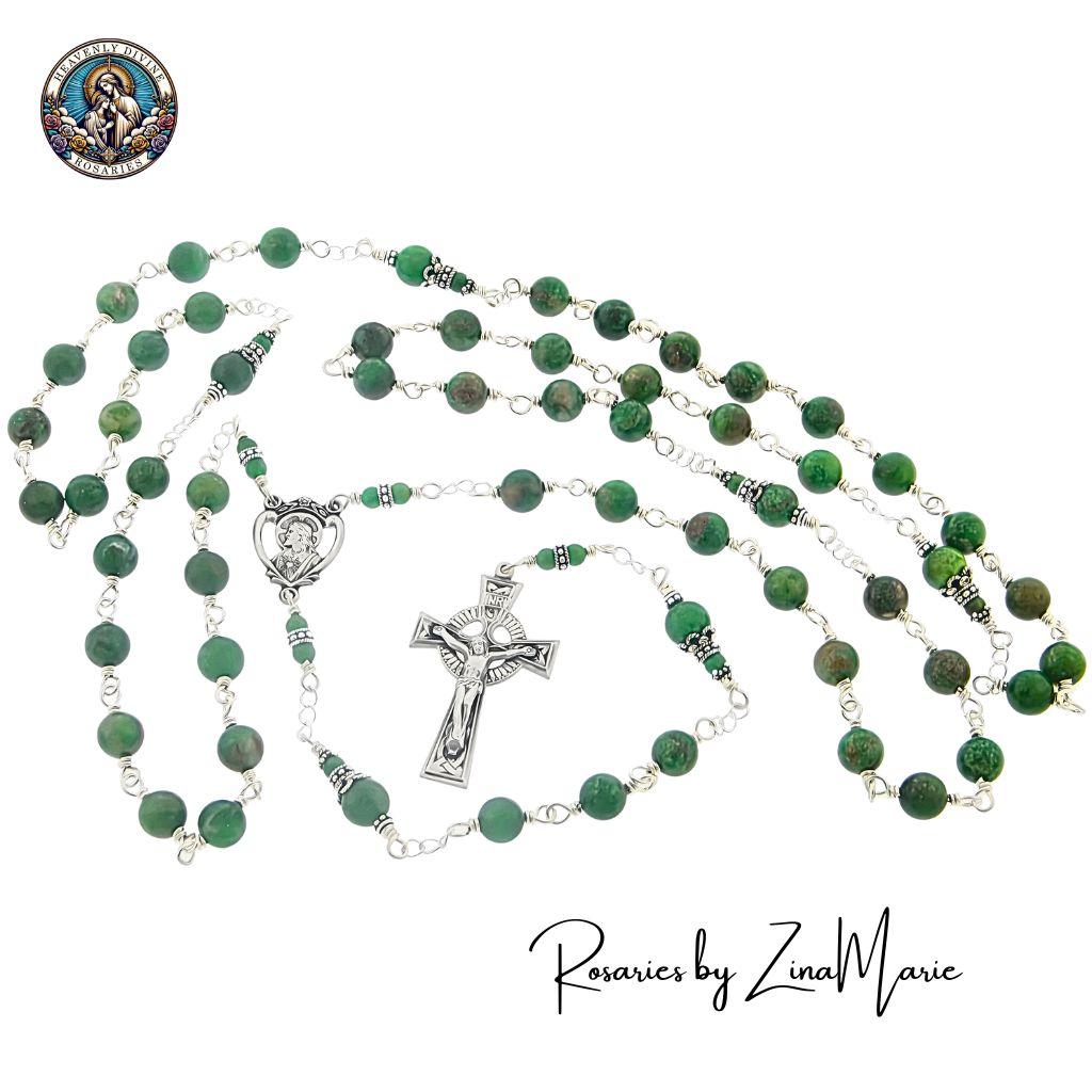 Handmade Irish Sacred Heart 8mm African Green Jade Bead Sterling Silver Rosary, Sacred Heart of Jesus Center and Irish Celtic Crucifix