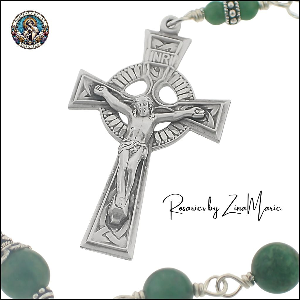 Handmade Irish Sacred Heart 8mm African Green Jade Bead Sterling Silver Rosary, Irish Celtic Knots Crucifix