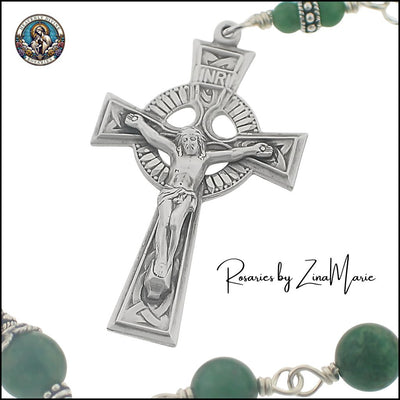 Handmade Irish Sacred Heart 8mm African Green Jade Bead Sterling Silver Rosary, Irish Celtic Knots Crucifix, Heavenly Divine Rosaries