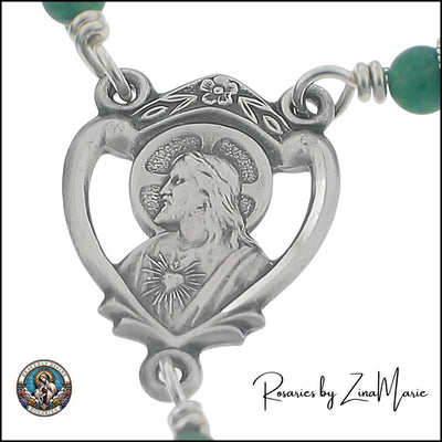 Handmade Irish Sacred Heart 8mm African Green Jade Bead Sterling Silver Rosary, Sacred Heart of Jesus Center, Heavenly Divine Rosaries