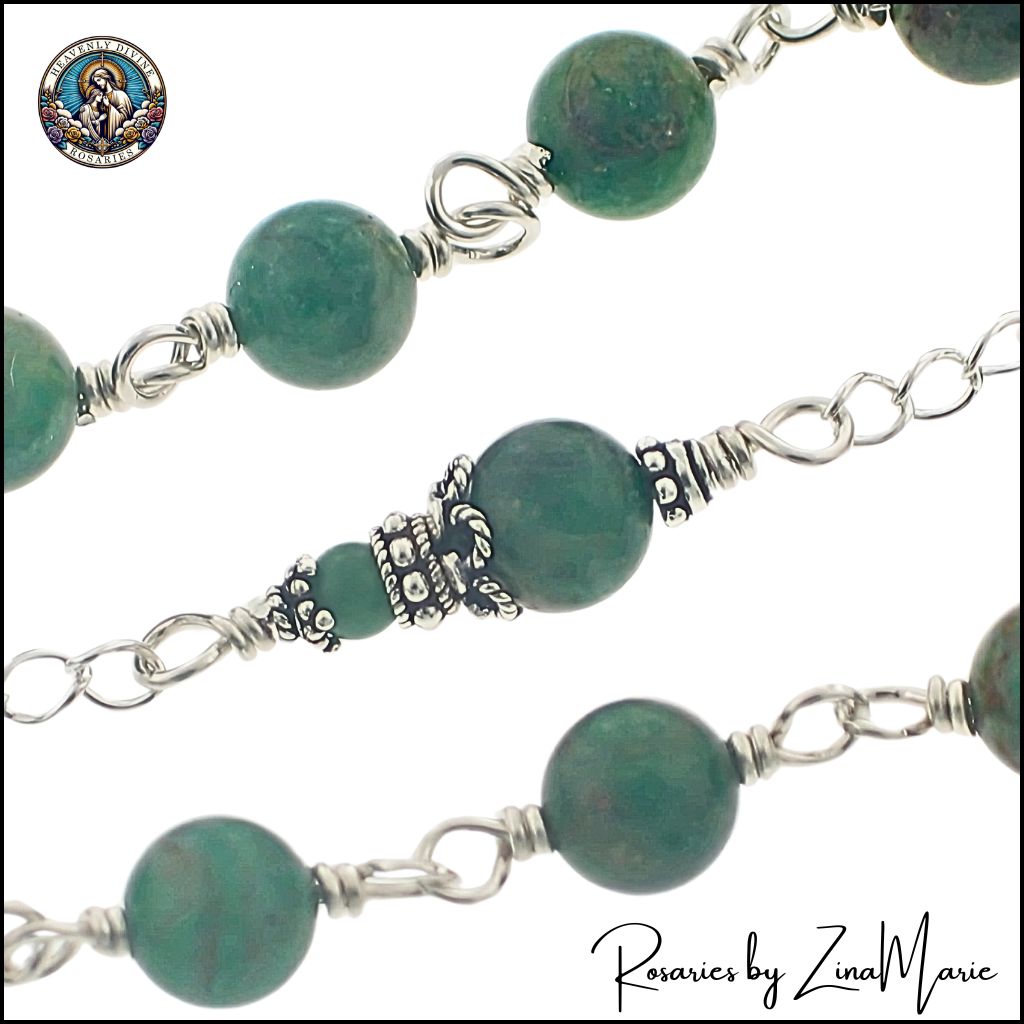 Handmade Irish Sacred Heart 8mm African Green Jade Bead Sterling Silver Rosary,